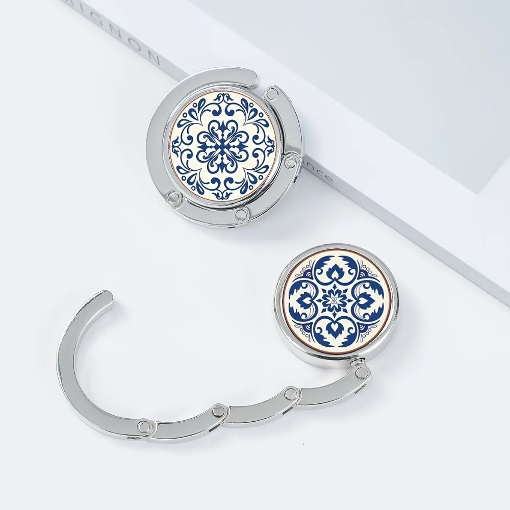 Blue-and-White Porcelain Pattern Table Handbag Hook Zinc Alloy Round Desktop Handbag Holder Folding Non-slip Back Handbag Rack