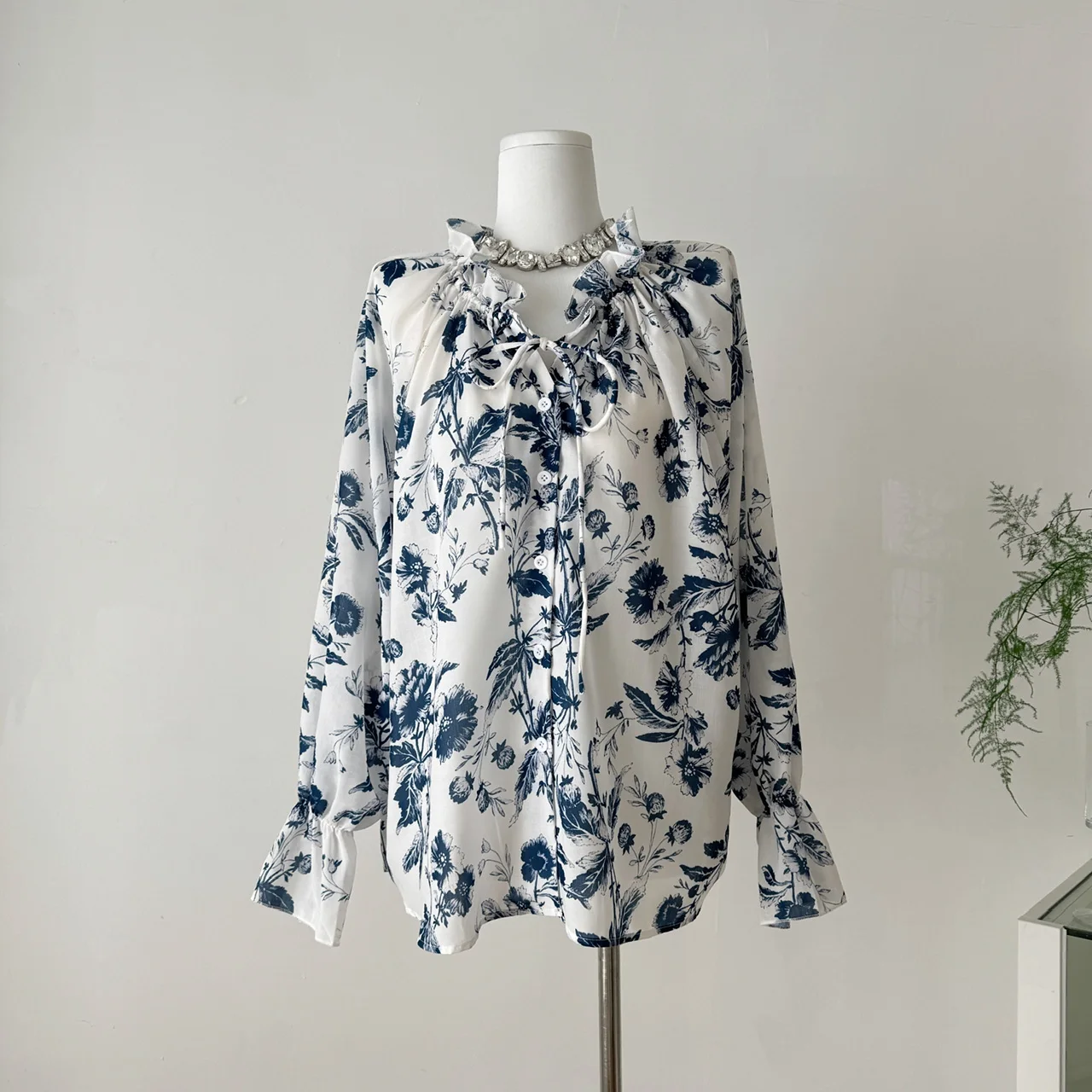 قميص نسائي بأسلوب صيني رجعي، فضفاض ومريح، بأكمام طويلة وطوق مطبوع، تصميم تاي داي، وصول جديد لفصل الصيف #2