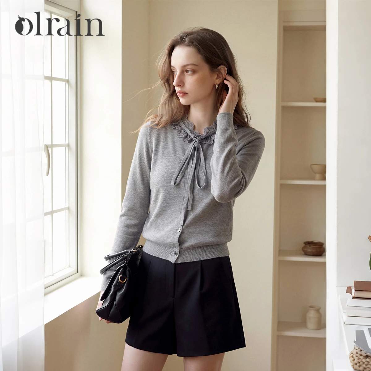 OLrain Cardigan For Women V Neck Ruffle Panel Long Sleeve Cropped Sweater 2026 Autumn Winter Casual Commuter Clothes O58QM002365
