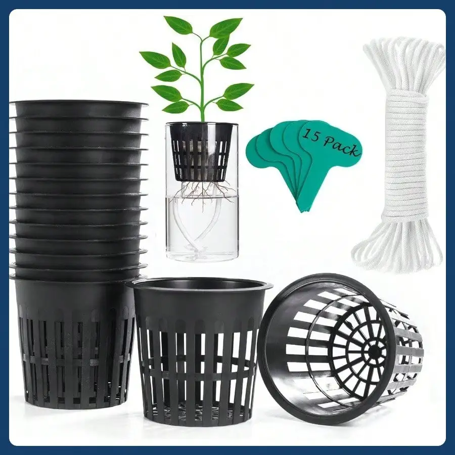 4インチのメッシュカップポット15個パック、15フィートの自動給水コードと15個の植物タグ付き