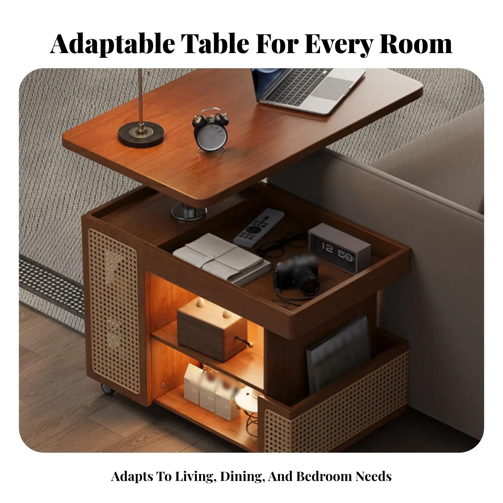 Adjustable Curved Design D End Table With Wheels Serving Trolley Mobile Design Versatile for Distant Workers, Homeowners view 2