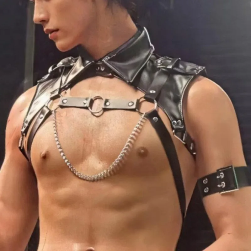 Men PU Leather Collar Vest Chest Harness Punk Rivet Shoulder Suspender Adjustable Gothic Male Cosplay Club Costume Accessory