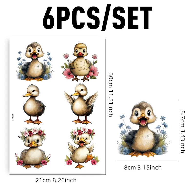 6pcs Cute Duckling Floral Crystal Transfer Stickers Vintage Watercolor UV DTF Decals for Glass Cups DIY Craft Supplies