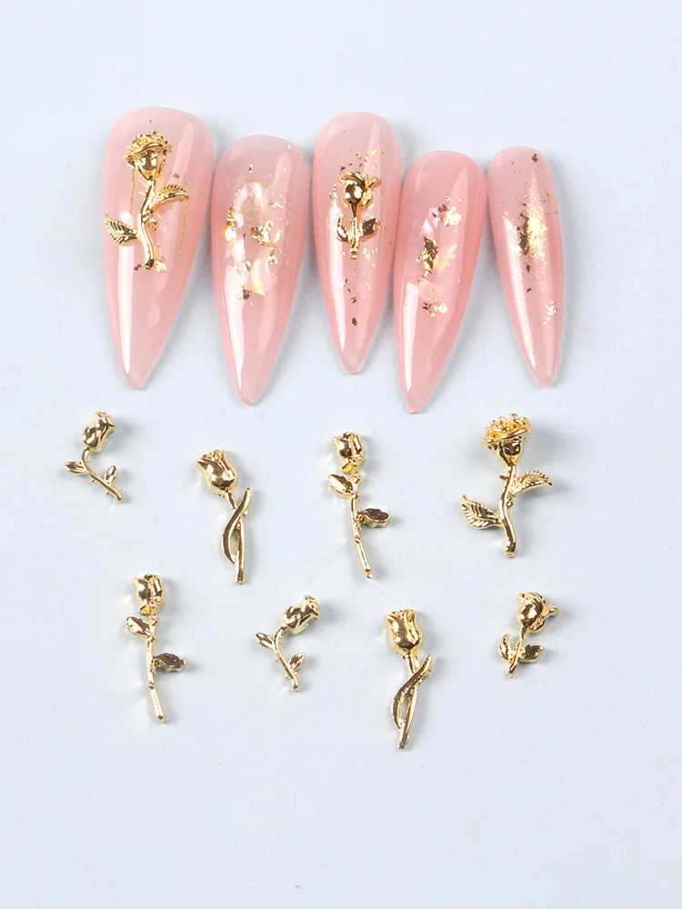 10Pcs Flowers For Nail Charm Alloy Vintage Rose Metal Gold Punk Accessories Style Nail Art Decorations DIY Design