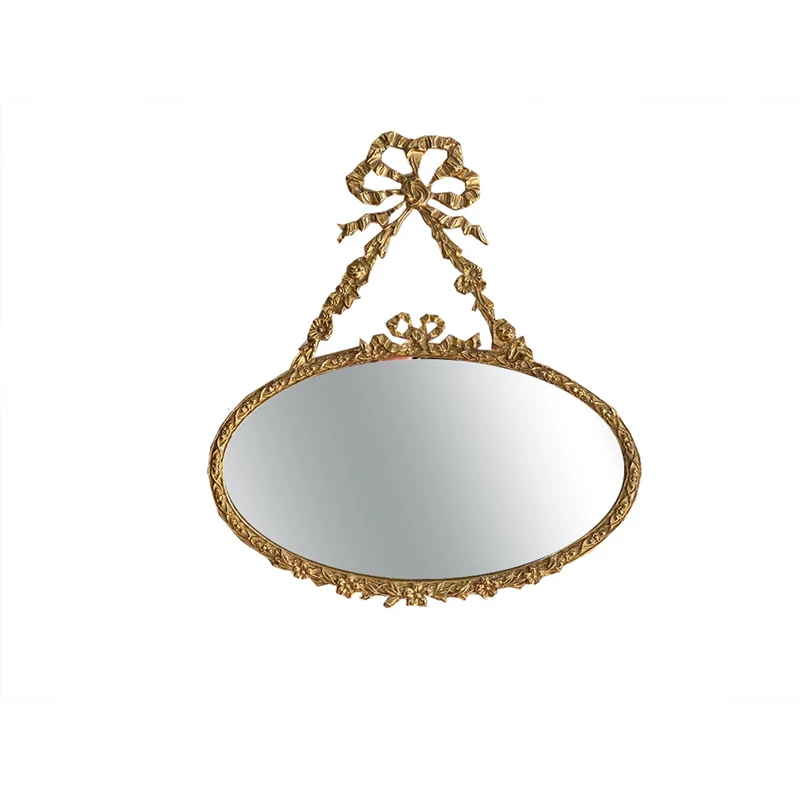 French Retro Mirror Pure Copper Carved Outer Frame Room Decoration Mirror Brass Copper Bow Wall Pendant Home Ornaments Gift