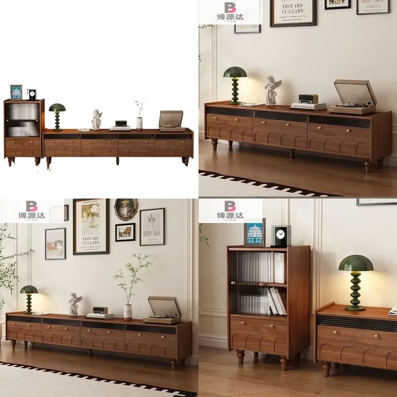 for Medieval TV Cabinet Living Room Floor to Ceiling Integrated Italian Style Small Apartment Retro Paint All Solid Wood TV