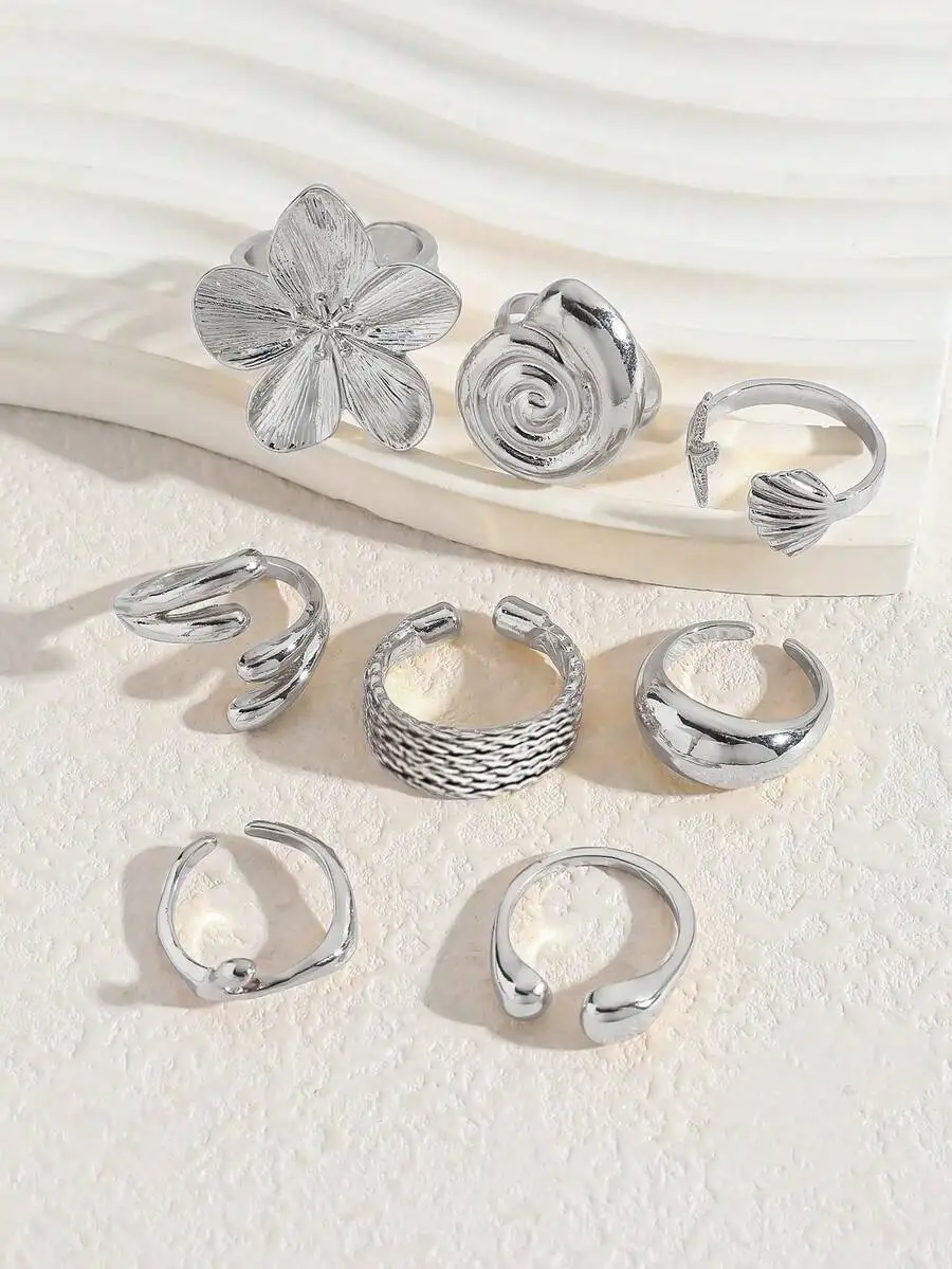 

8pcs Set Vintage Bohemian Floral Spiral Shell Adjustable Fashion Rings For Women