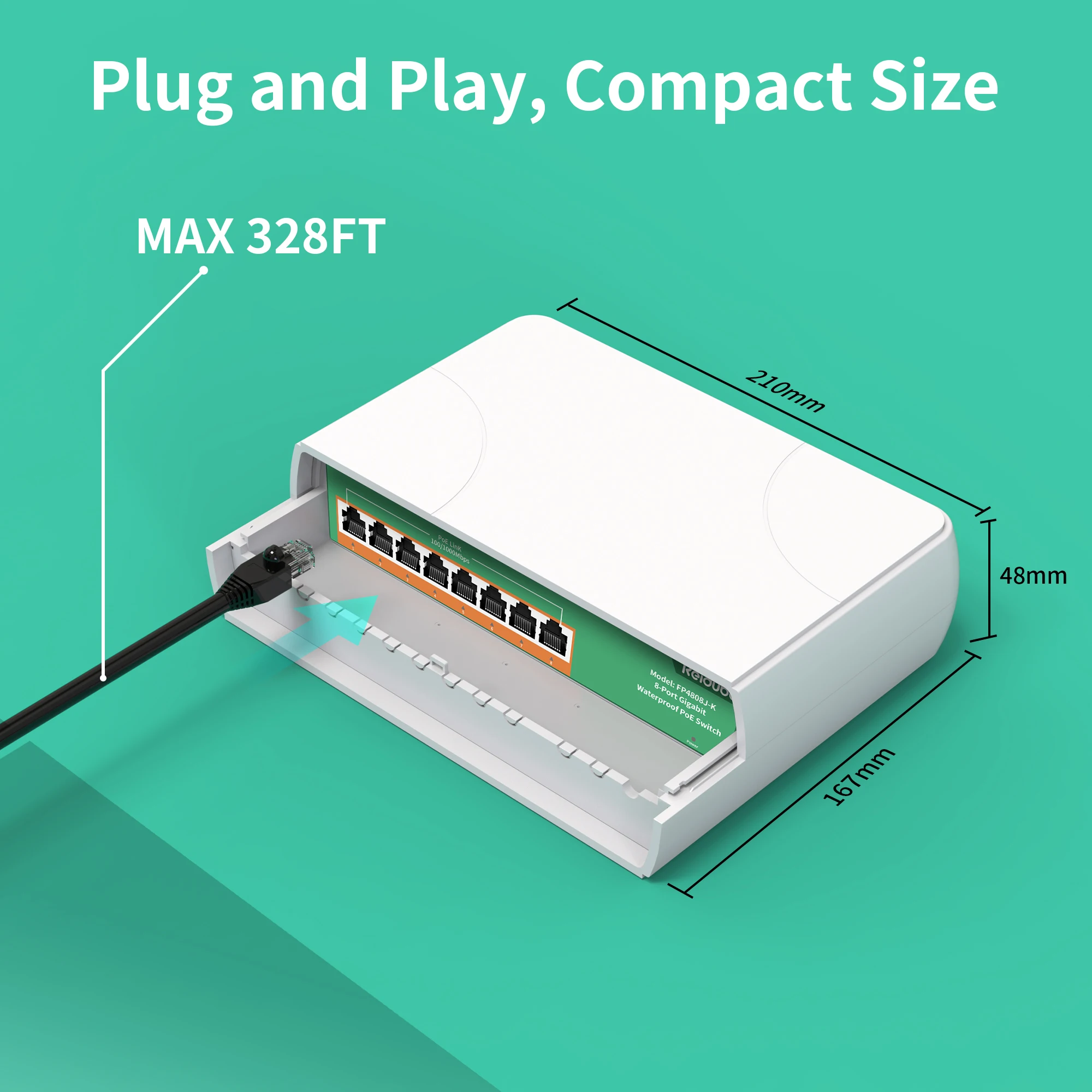 Na zewnątrz 8-portowy przełącznik PoE Gigabit wodoodporny, IEEE802.3af/przy niezarządzanym przełącznik sieciowy 120W, Plug & Play (tylko wtyczka)