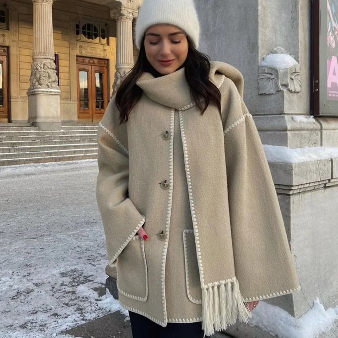 Clinkly Vintage Solid Woolen Coat Women Elegant Autumn Single Breasted Peacoat With Scarf Female Luxury High Street Outerwear