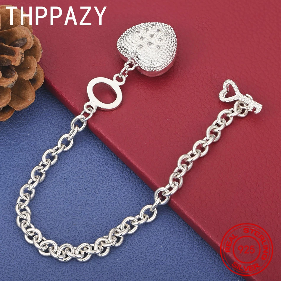 

THPPAZY 8 Inch Chain 925 Sterling Silver Heart Bracelet Luxury Zircon Birthday Christmas Party Gift Noble Luxury Jewelry