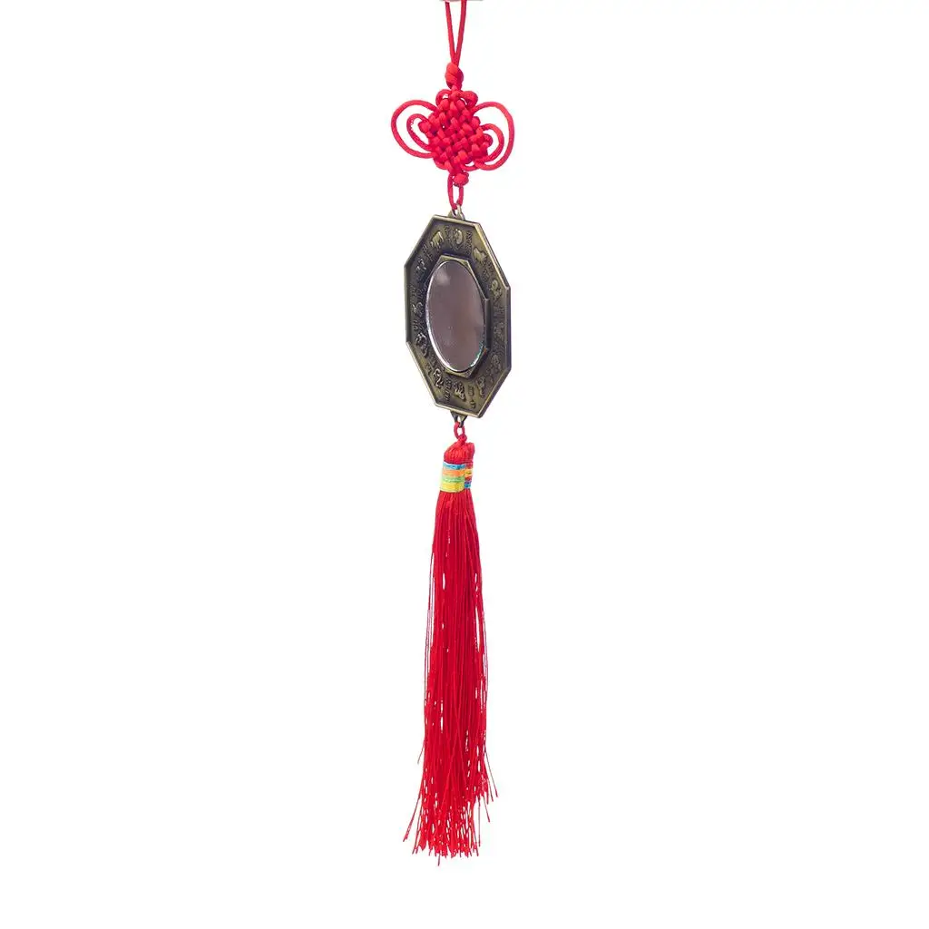 Zinc Alloy Feng Shui Hanging Chinese Knot Bagua Mirror Red Tassel Decor for Home Shop Car Protection
