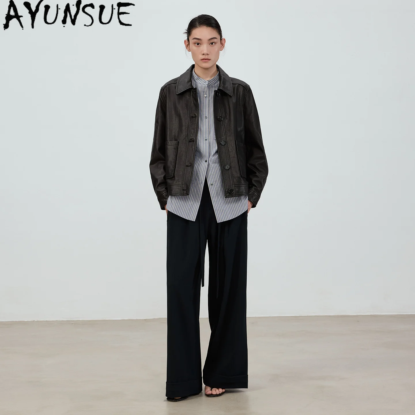 AYUNSUE Real Leather Jacket Woman Autumn Clothing 2026 Black Top Layer Sheepskin Coat for Women Short Style Casaco Feminino