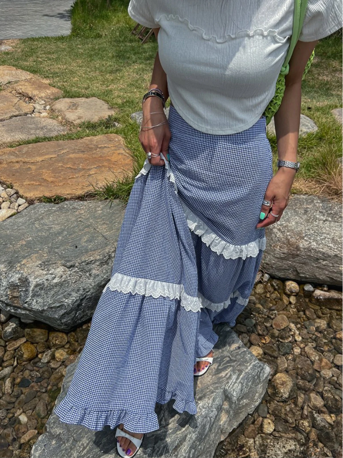 

Retro Plaid A-Line Skirt Women's Chic Faion Young Looking Splicing Lace High Waist Long Skirts Korean Sle Long Dr