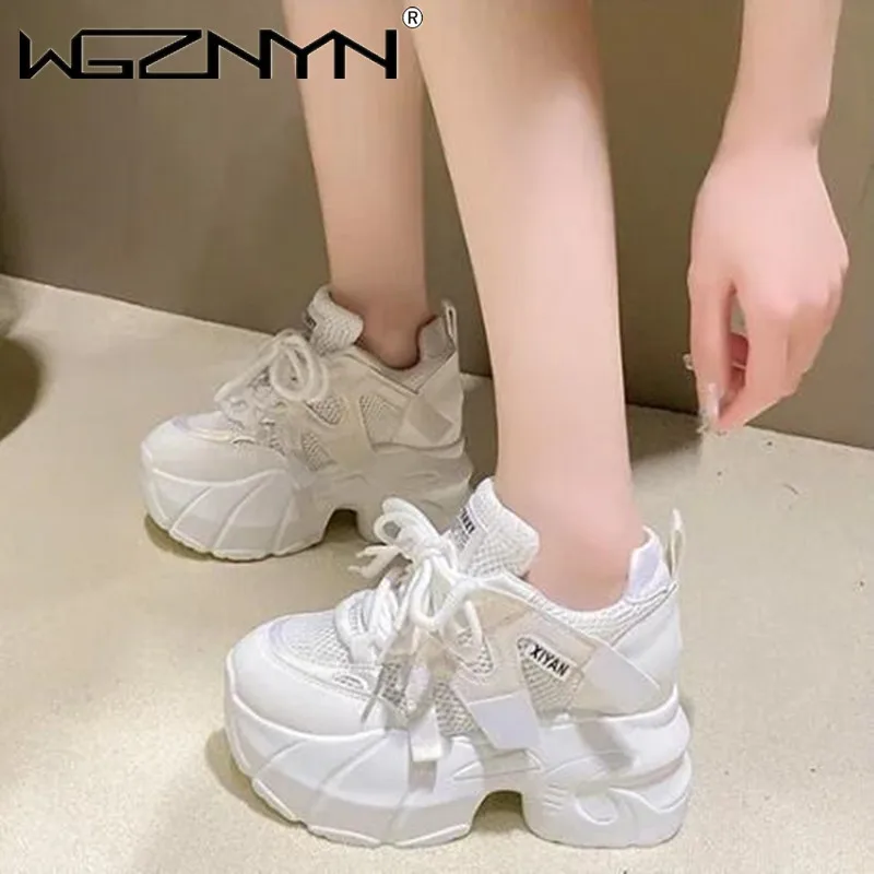 

New Spring Women Chunky Sneakers Breathable Mesh Casual Shoes 9.5CM Wedge Heels Platform Shoes Chaussures Femme Sports Dad Shoes