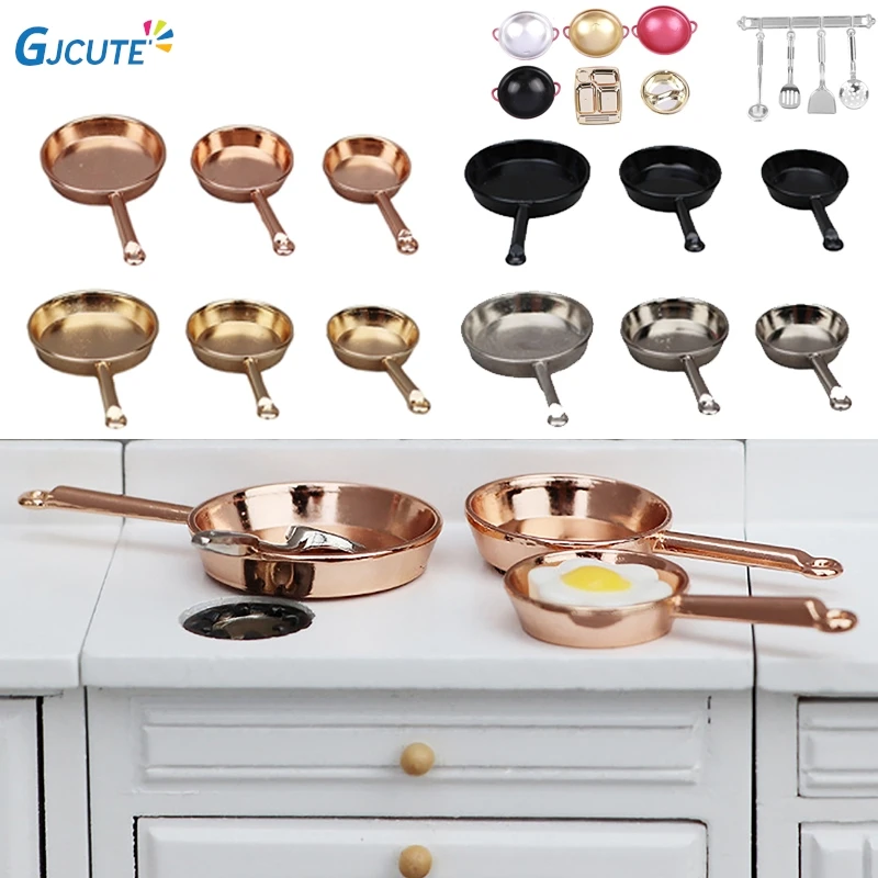 1Set 1:12 1:6 Dollhouse Miniature Frying Pan Casserole Metal Cookware Kitchen Model Decor Toy DIY Doll House Cooking Accessories