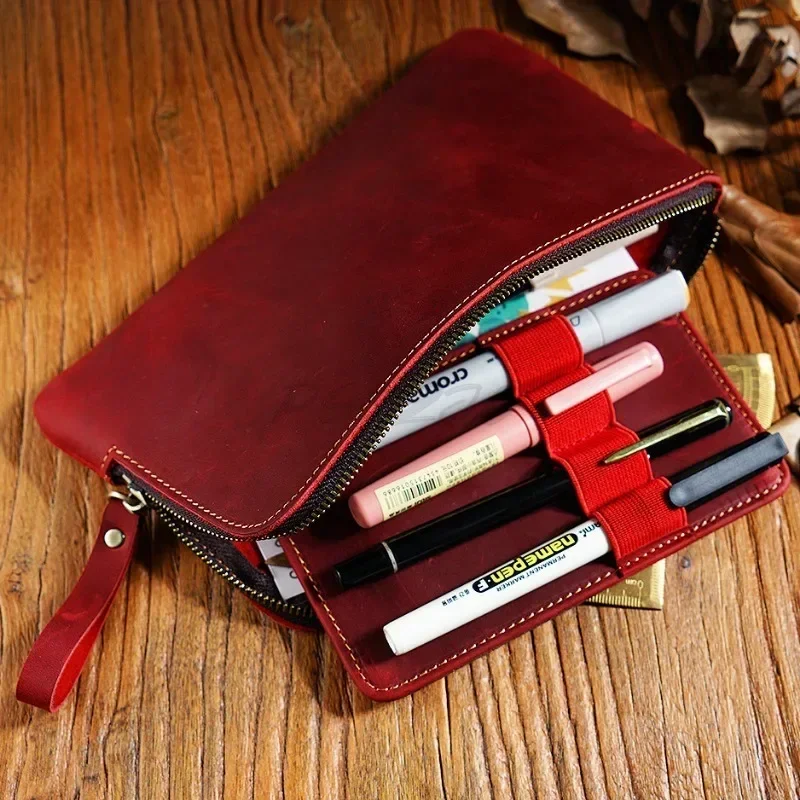 Handmade Cowhide Zipper Pen Storage Pen Bag Retro Portable Large Capacity Detachable Pencil Case Bag