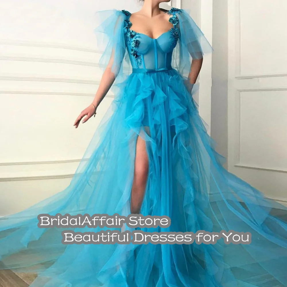 Bridalaffair azul vestidos de baile flores babados tule alta fenda dubai arábia saudita longo baile formatura vestidos para adolescentes formatura