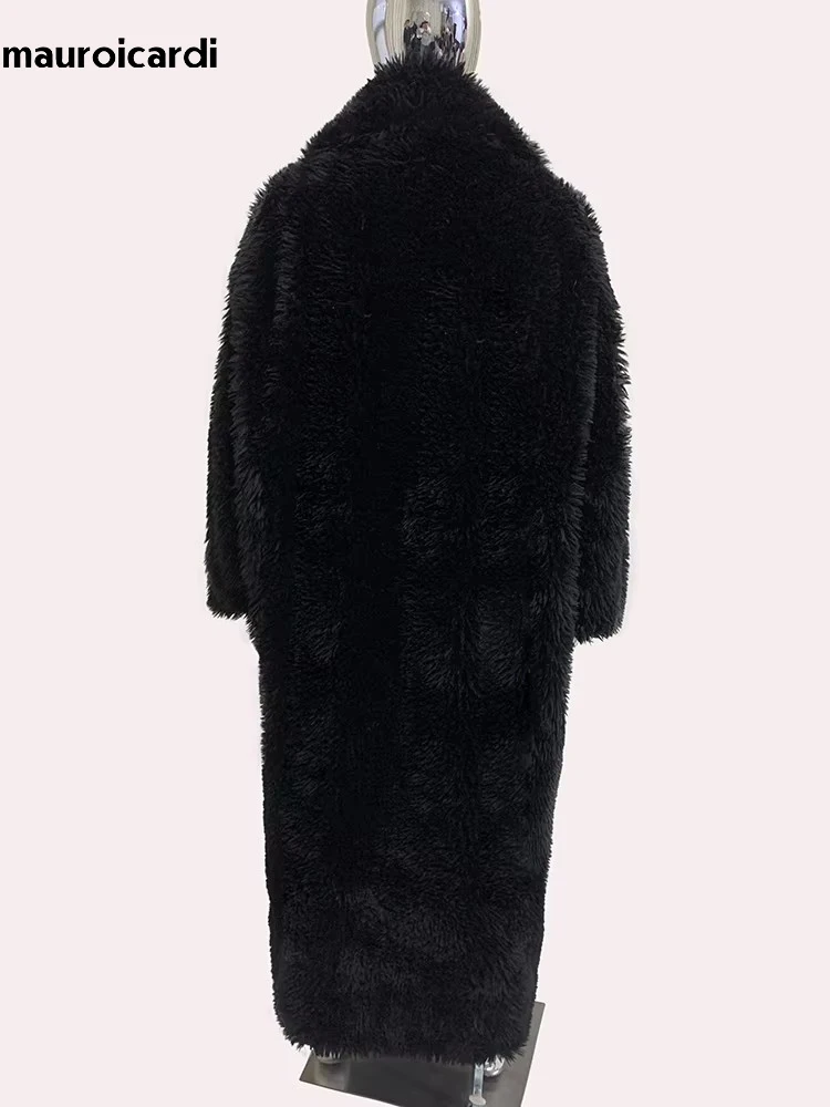 Mauroicardi Spring Winter Extra Long Oversized Black Thick Warm Shaggy Hairy Faux Fur Coat Men Luxury Maxi Furry Overcoat 2024