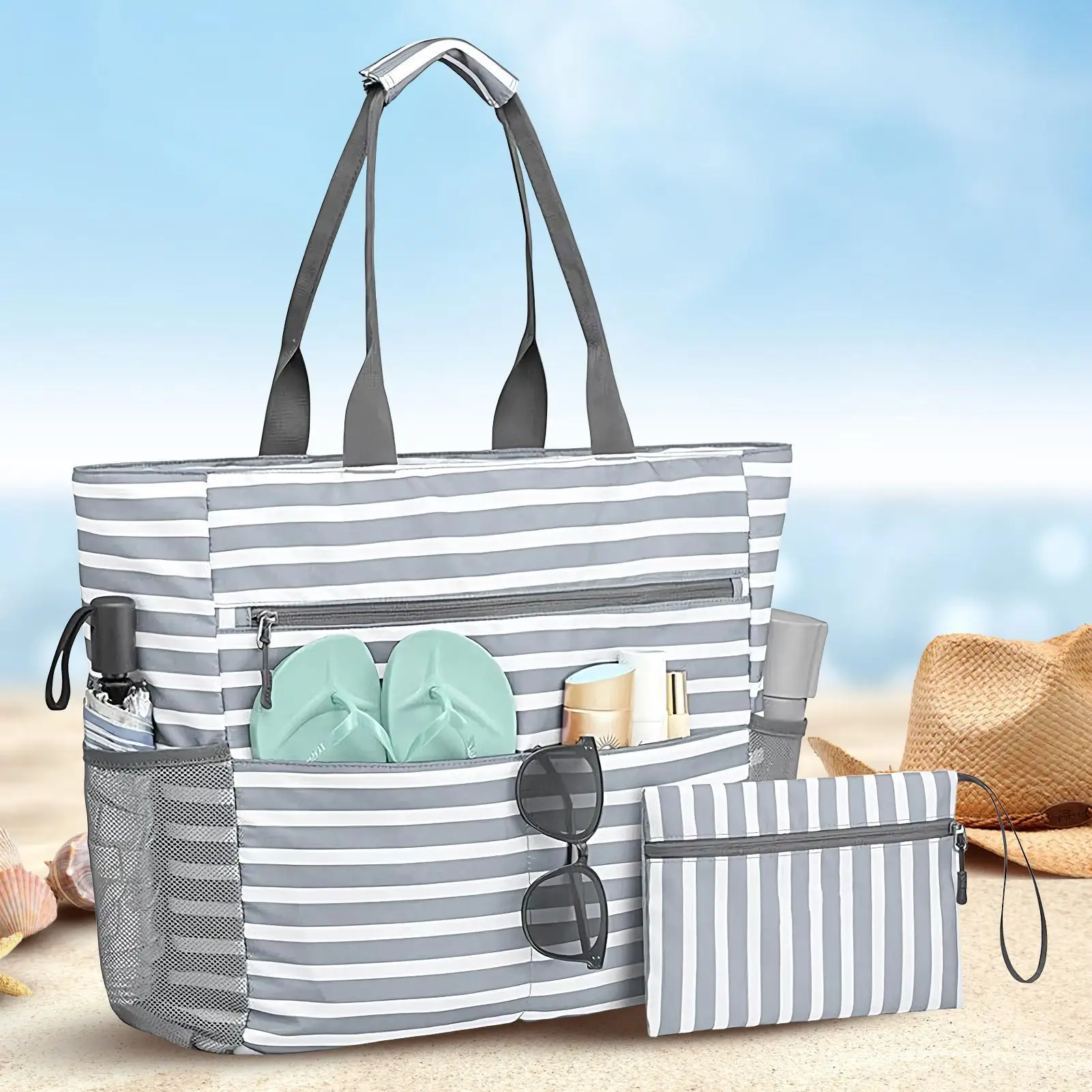 비치 토트백 대형 비치백 동전 지갑 포함 접이식 방수 토트 야외 핸드백 지퍼 포함 출퇴근 데일리용