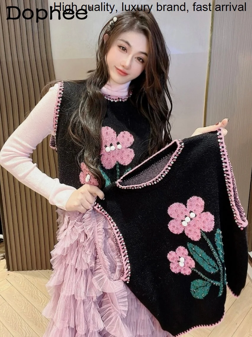 Sweet Exquisite Rhinestone Flower Knitted Women 2023 Spring Autumn Loose Round Neck Sleeveless Waistcoat Sweater Vest Coat