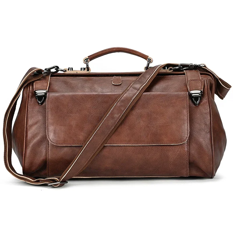 Real Luxury Fashion Handbags Men Male Leather Duffle Bags For Business Flights 45cm travel bag genuine leather designer