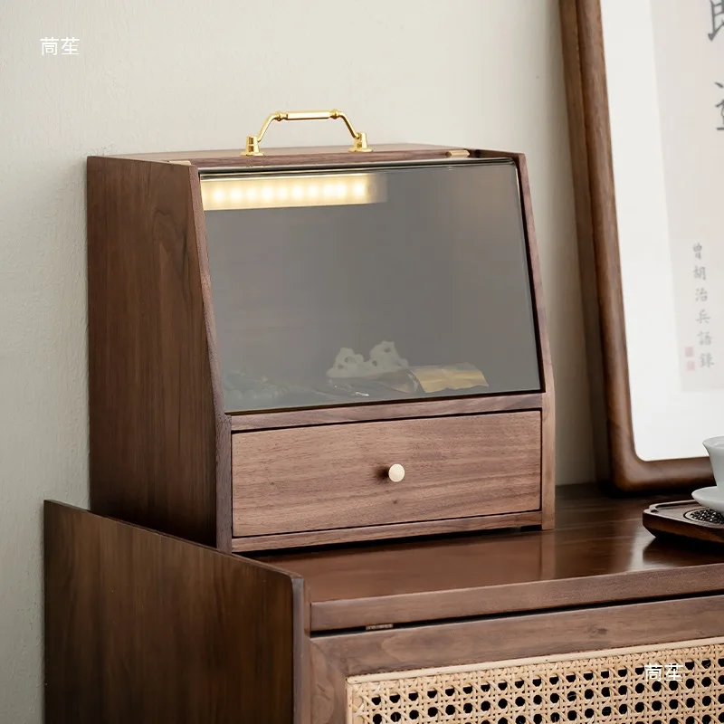 北米産ブラックウォールナット製ティーセット棚、ジュエリー・化粧品収納ボックス、透明防塵無垢材デスクトップ整理ボックス