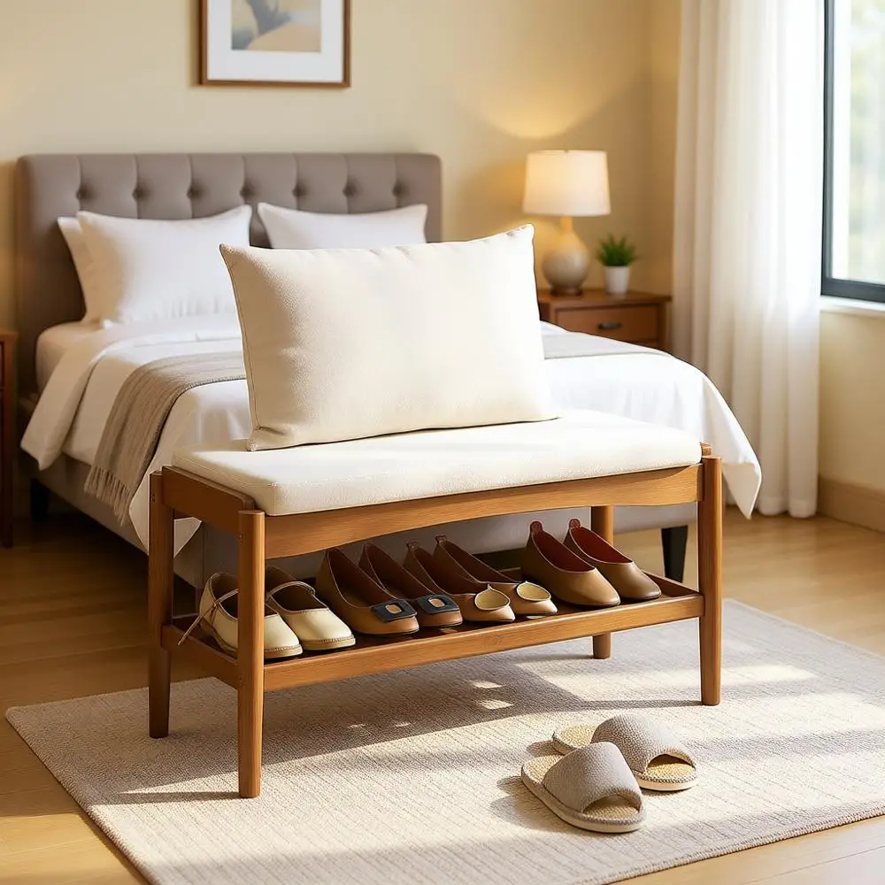 2-Tier Bamboo Shoe Rack with Cushioned Seat for Entryway, Hallway, Living Room, Bedroom, and Closet (Brown-Beige)