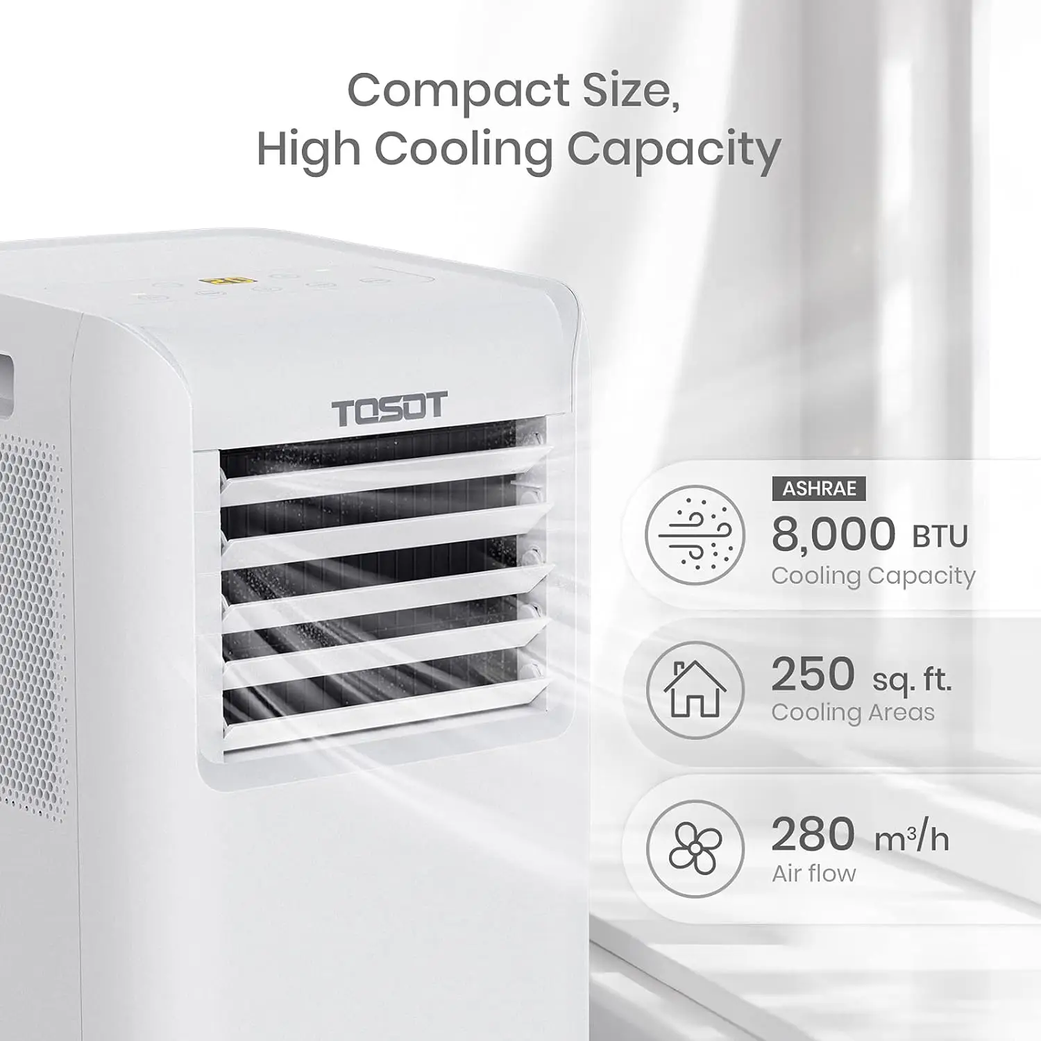 8,000 BTU 에어컨, 설치가 쉽고 조용하며 3 인 1 휴대용 AC, 제습기, 최대 250 sq ft 객실 선풍기