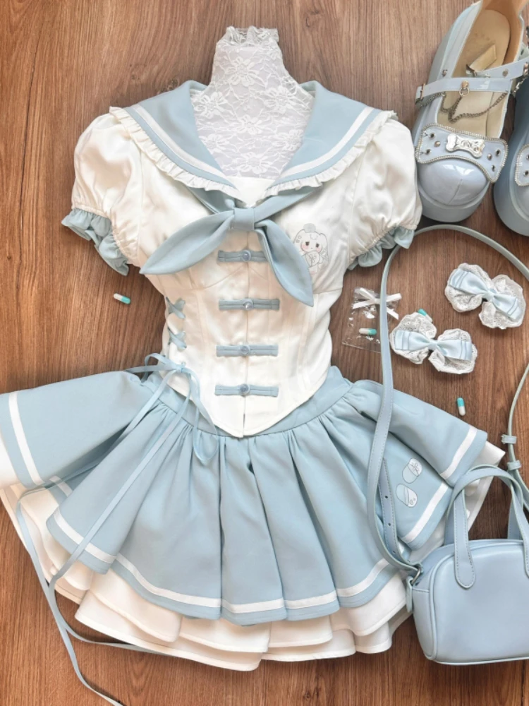 Sweet Preppy Style Skinny 3-piece Set Women Kawaii Cute Long Sleeve Bow Lace Up Tops Female + High Waist Thin Ruffle Skirt Suit