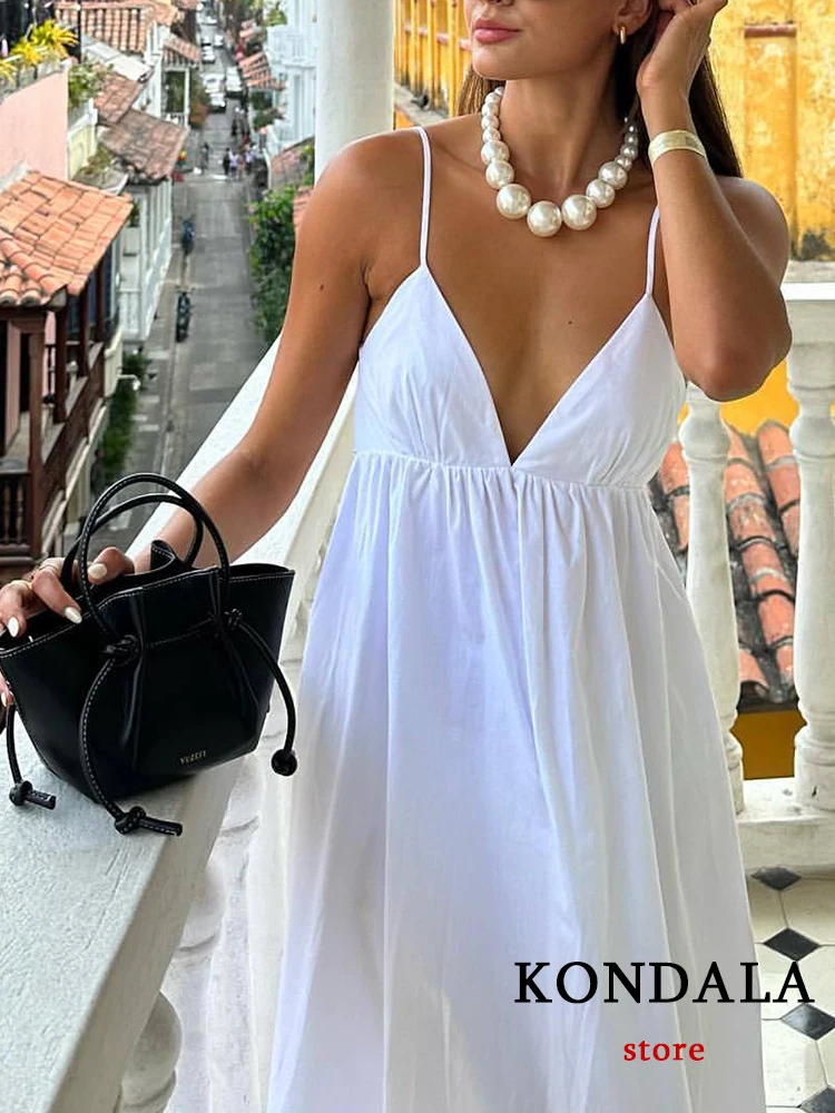 KONDALA Chic Solid White Sexy Cami A Line Women Long Dress Fashion 2023 Summer Night Party Backless Strapless Elegant Vestido