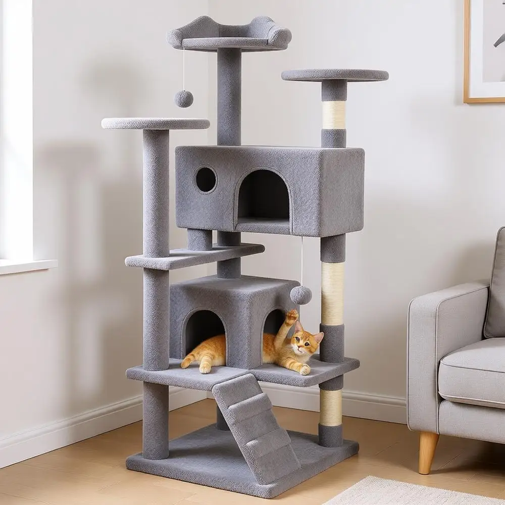 

54 Inches Cat Tree Tower Indoor Cats, Multi-Level Furniture Activity Center, Sisal Rope, Light Gray