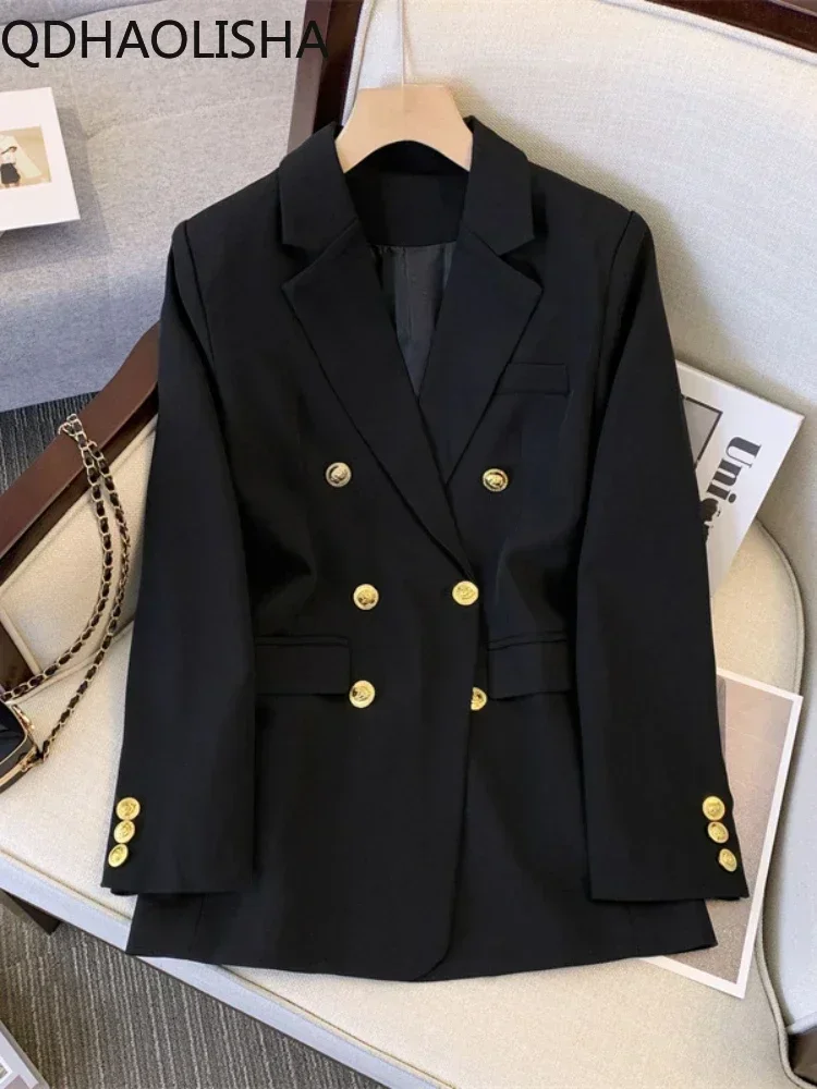 Blazers noirs à double manche pour femmes, manteau élégant, veste de mode, vêtements de bureau pour dames, printemps, nouveau, 2024