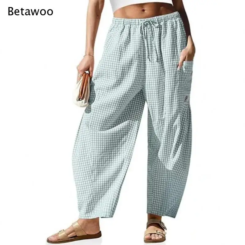 Elastic Waist Gingham Vertical Stripe Loose Fit Hidden Side Pocket Wide Leg Trousers Ideal for Strolls Dates and Casual Outdoor