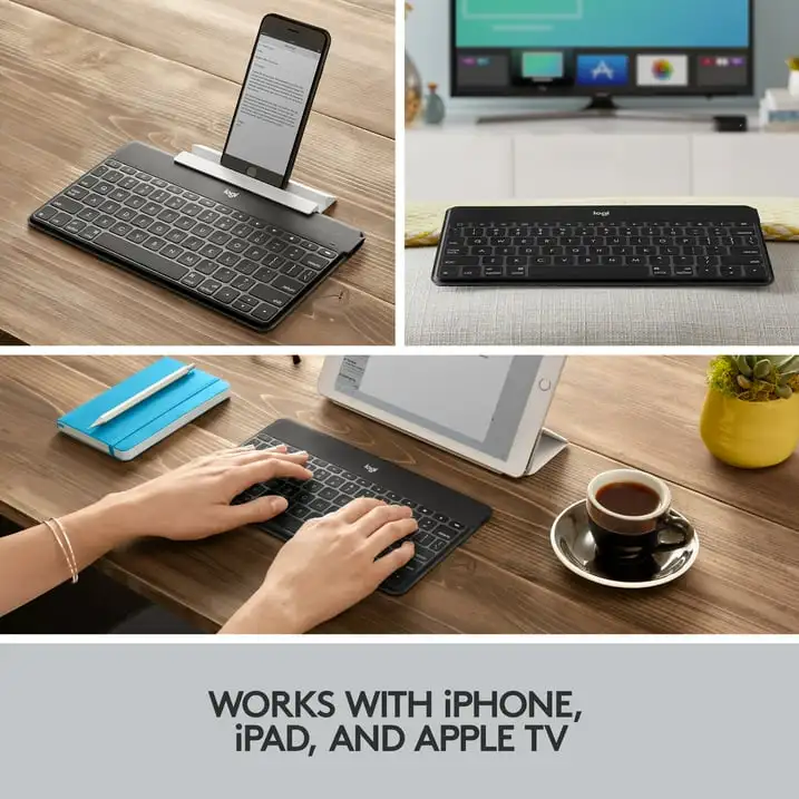 Logitech Keys-To-Go Keyboard Bluetooth Super-Slim dan Super-Ringan untuk iPhone, iPad, dan Apple TV, Hitam