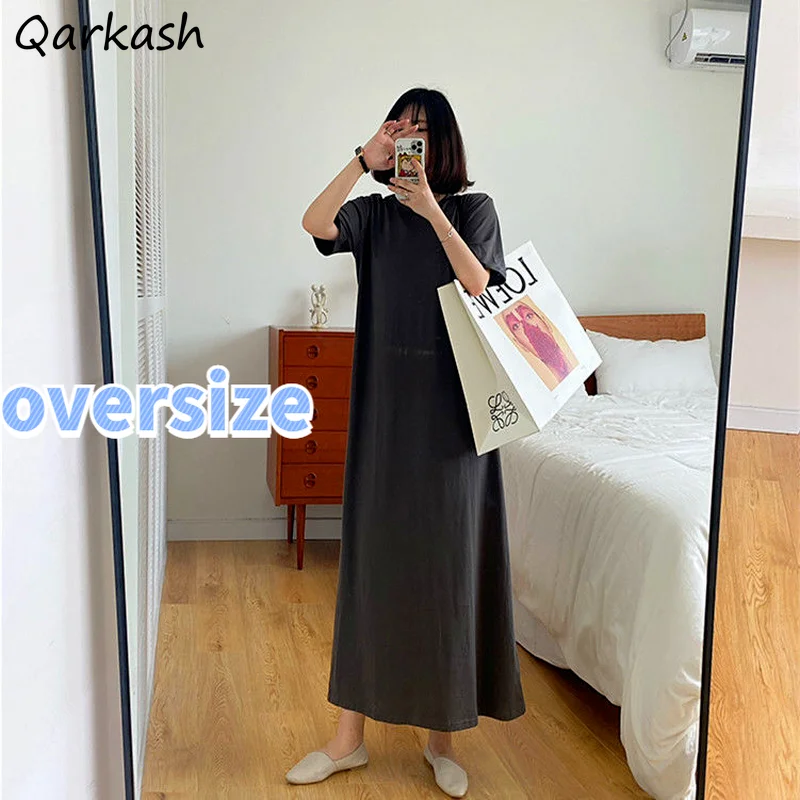 

Short Sleeve Dresses Women Solid Simple Loose 45-150kg Oversize Summer Thin Ankle-length Classic Design Soft Quality 90s Ladies