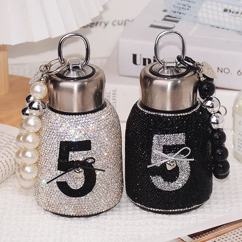 300ml Luxury Rhinestone Stainless Steel Insulating Cup Sparkling Portable Pearl Chain Water Bottle Portable Travel Vacuum Flasks