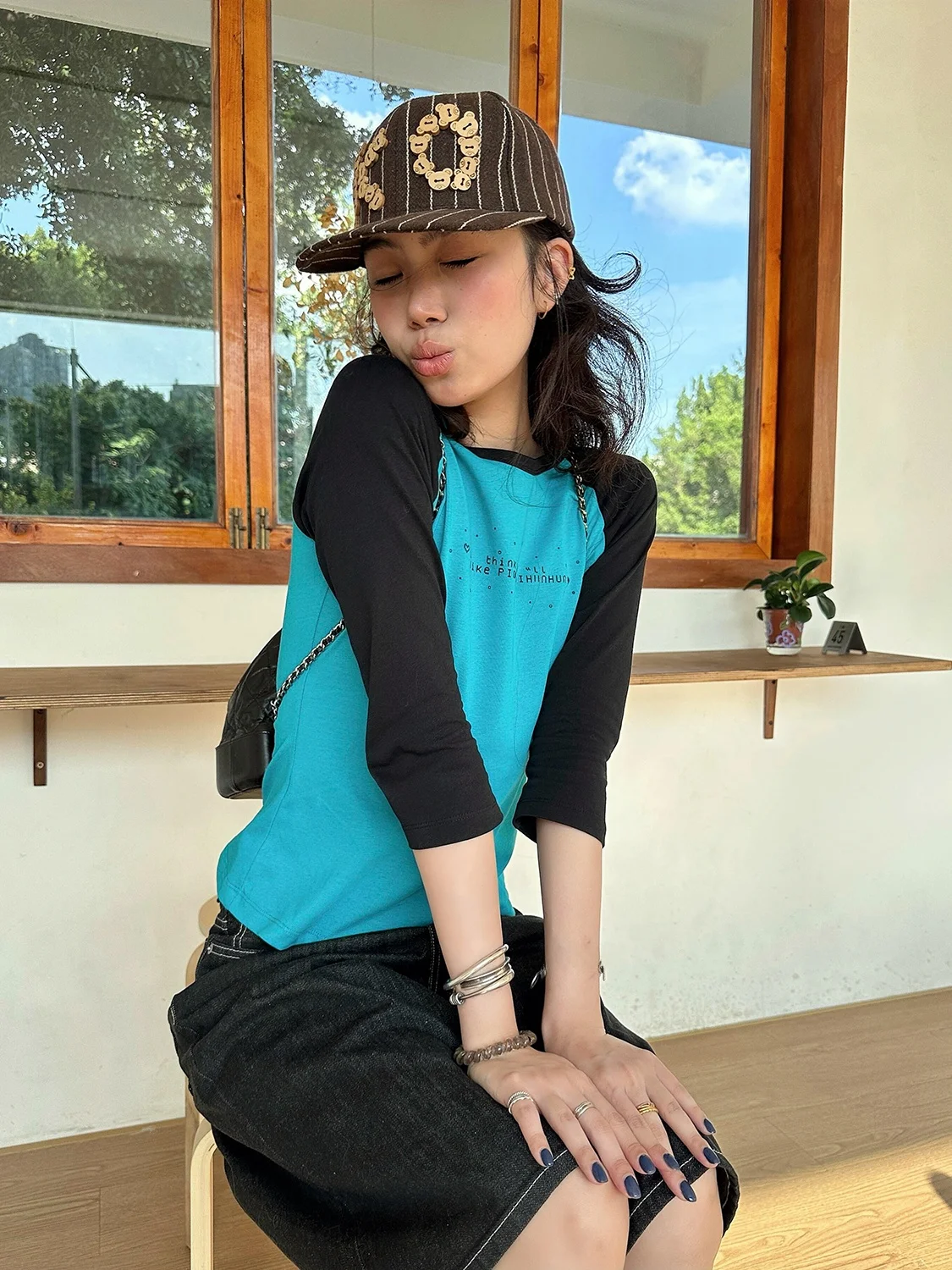 Cherry Blossom Model Printed Slogan Color Block Seven Sleeve round Neck T Shirt Slim Fit Casual Short Shoulder Insertion Top