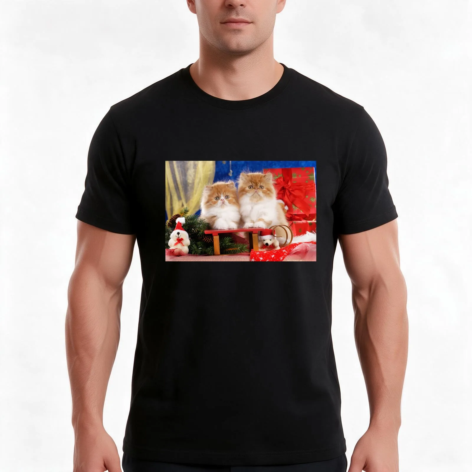 Cute Persian Kittens Wish Merry Christmas Animal Cats Puzzle T-Shirt, Summer Casual Cotton Tee, Oversized Streetwear Tops