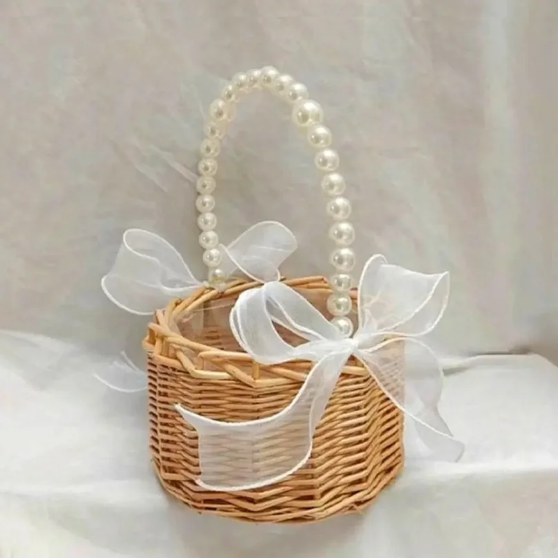 Willow Rattan Woven Wedding Basket Wicker Half Moon Storage With Handle Sturdy Flower Girls Baskets Home Picnic Sundry Container view 5
