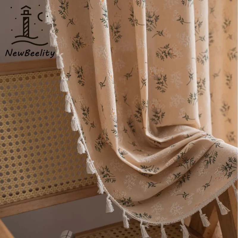

Flower Print Milky White Tassel Curtains for Living Dining Room Bedroom Kitchen Curtain Semi-black Bay Window Luxury Decoration