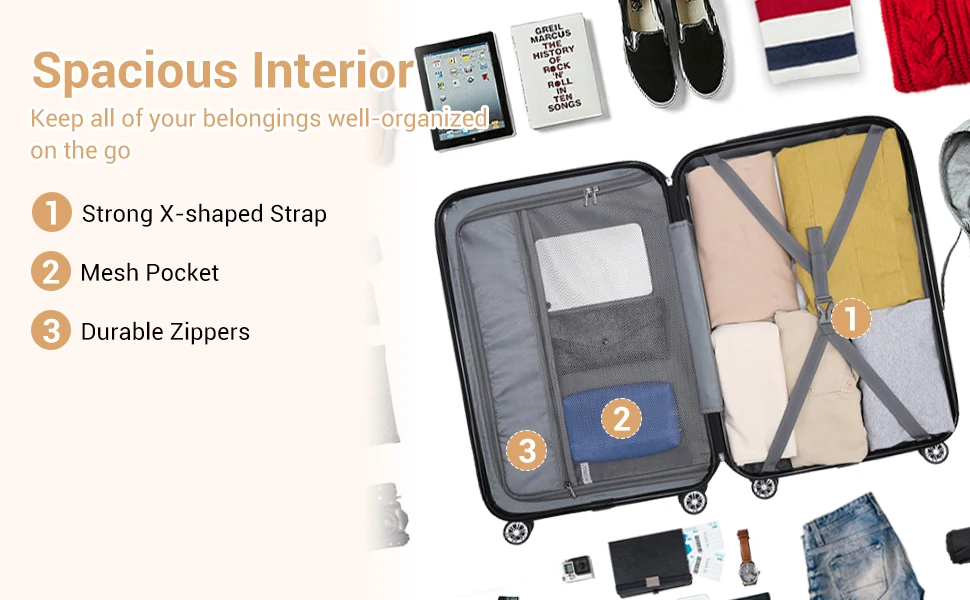 Kono Leichter ABS Hartschalen Trolley Koffer mit 4 Rollen und Zahlenschloss,,Handgepäckgröße(3 Größen verfügbar) – Detail 4
