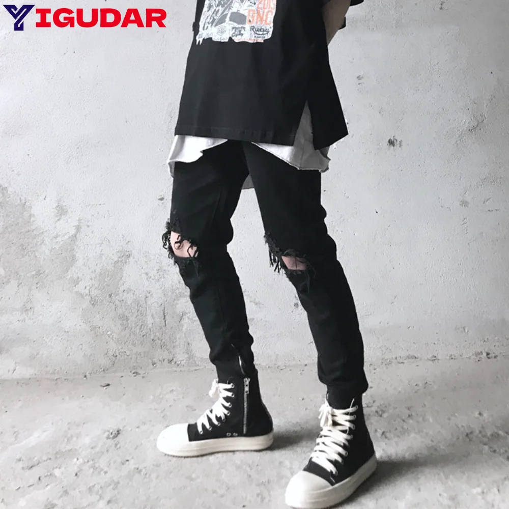 knife cut hole tight jeans stretch cotton high street slim personality pencil pants men y2k streetwear pantalones hombre