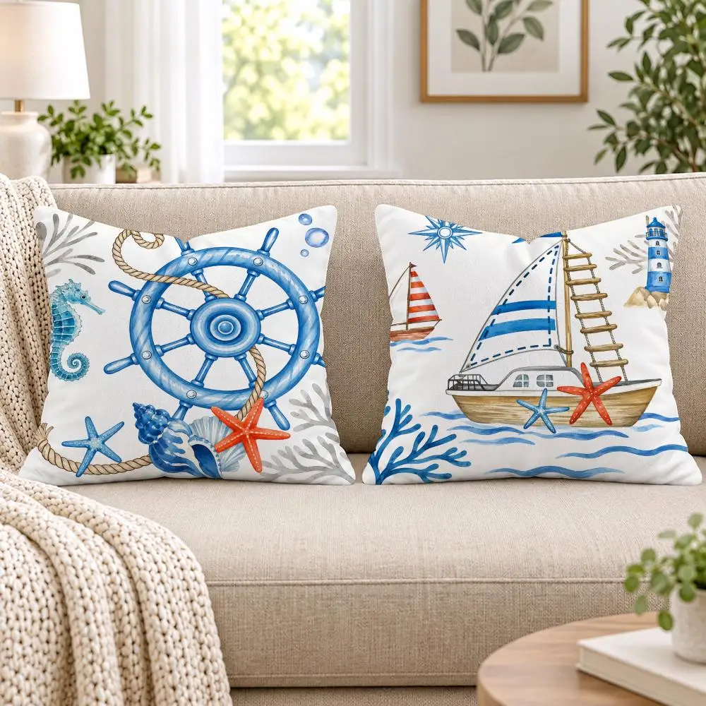 Nautical Ship Wheel Anchor Sailboat Cushion Cover Soft Short Plush Pillow Cases Hidden Zipper Sofa Bedroom Home Decor Gift