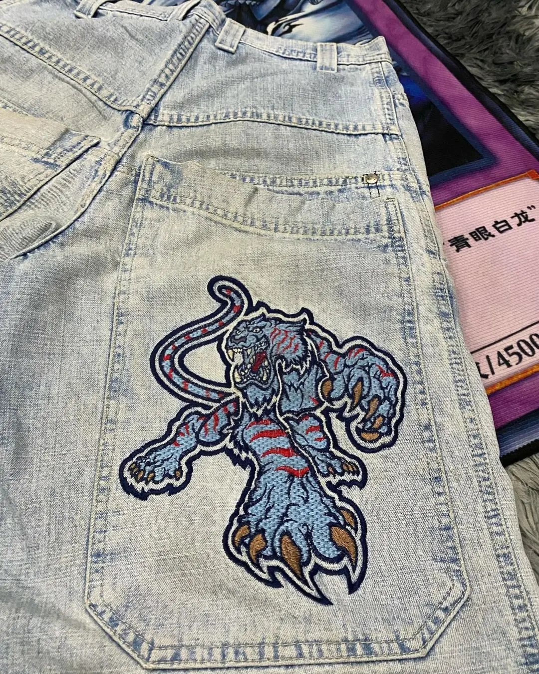 

Шорты в стиле Харадзюку Tiger JNCO Y2K, винтажные синие мешковатые джинсовые женские новые баскетбольные шорты с высокой талией, шорты для спортзала, Мужские штаны