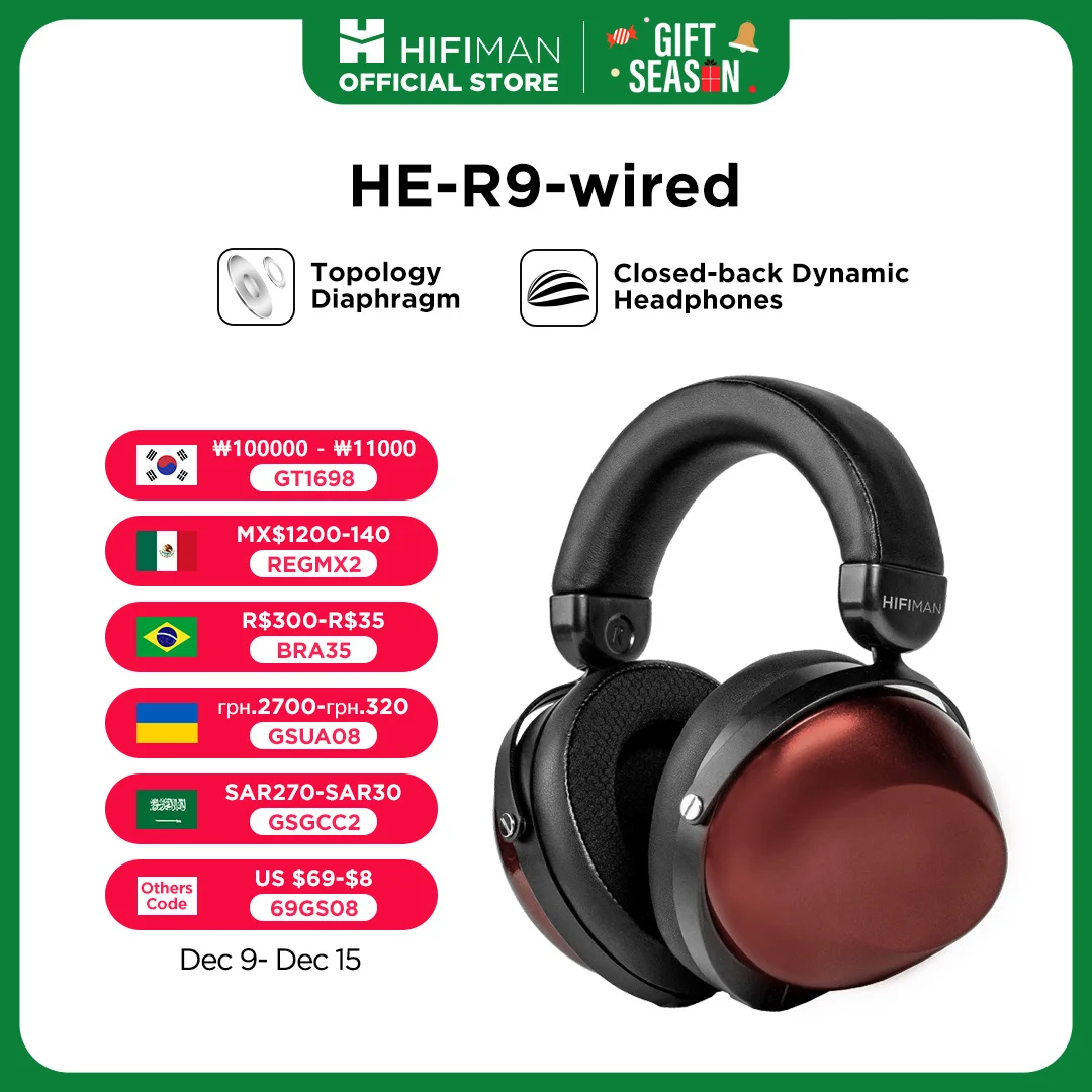 HIFIMAN HE-R9 dynamische over-ear-hoofdtelefoon met gesloten achterkant en versie met topologiemembraanbekabeling