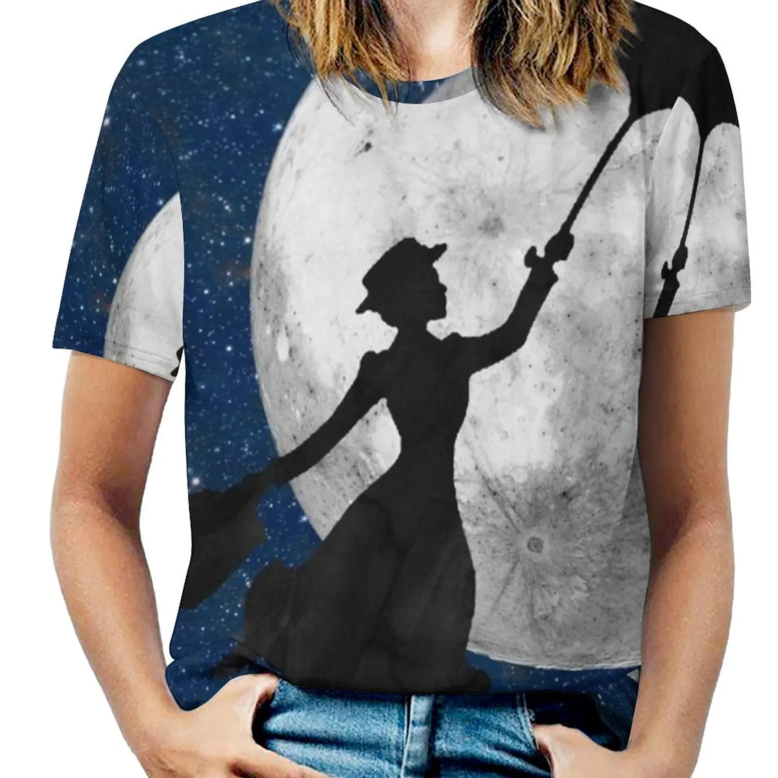 Mary Poppins Woman'S T-Shirt Spring And Summer Printed T Shirts Crew Neck Pullover Top Mary Poppins Silhouette Watercolor Mary