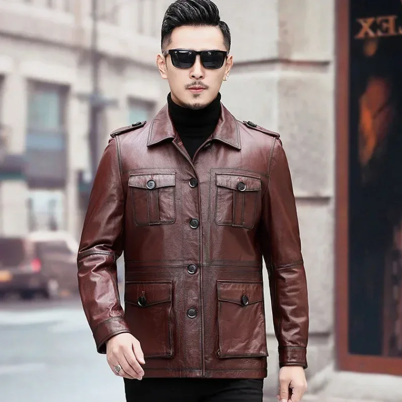 Autumn and Winter Genuine Leather Jacket Men Short Top Layer Cowhide Leather Coat Men's Leather Suits Brown Lapel Clothes