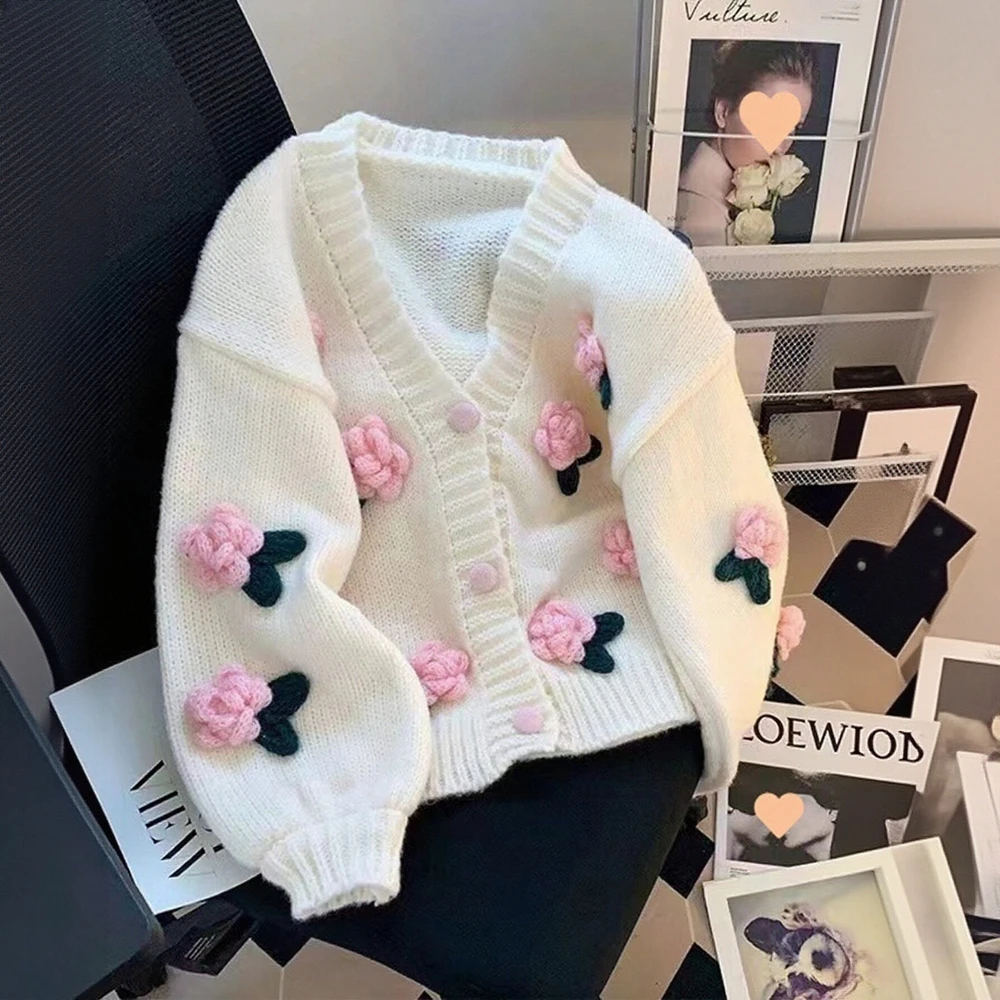 

Осенний женский кардиган, шикарный однобортный повседневный кардиган K-Fashion с длинным рукавом и v-образным вырезом с цветочным принтом