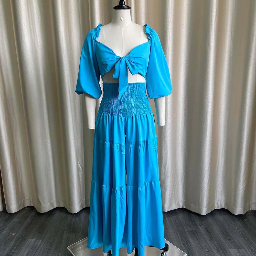 Customized Off Shoulder Slash Ruffle Crop Top Wide Leg Pants Set Elegant Beach Matching Set Two Piece Set Sexy Outfits Summer