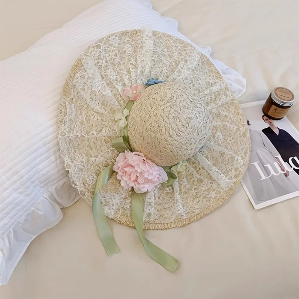 

Peony Raffia Straw Hat Hand-woven Wide-brimmed Fisherman's Hat Lightweight Sun Protection Beach Sun Hat For Summer Outings